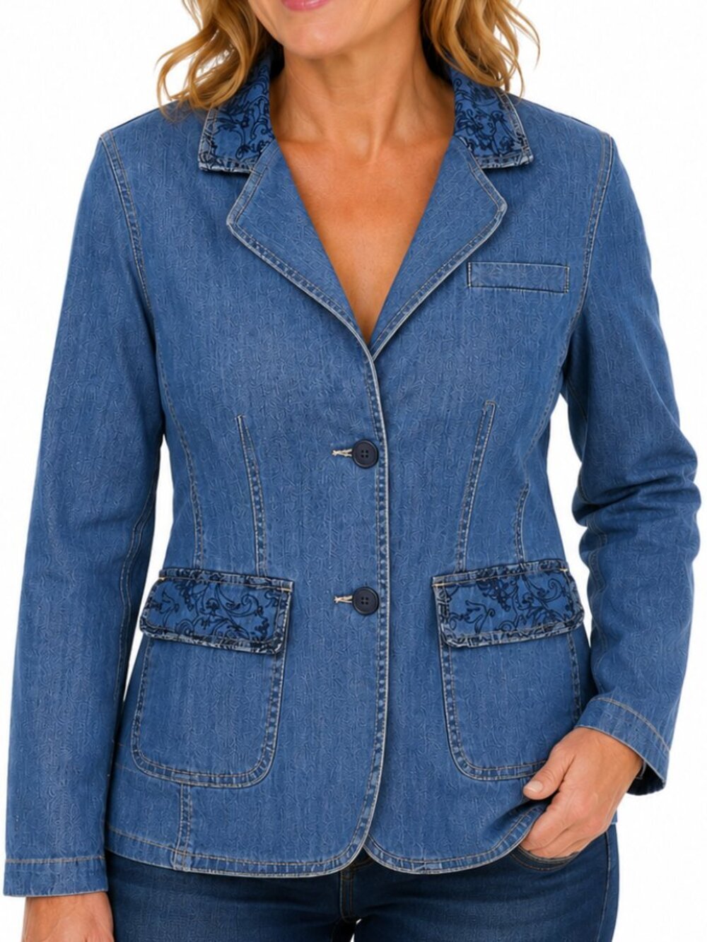 Jessica Sport Denim Blazer Jacket Women's Size 14 Stretch Fitted Blue Cotton